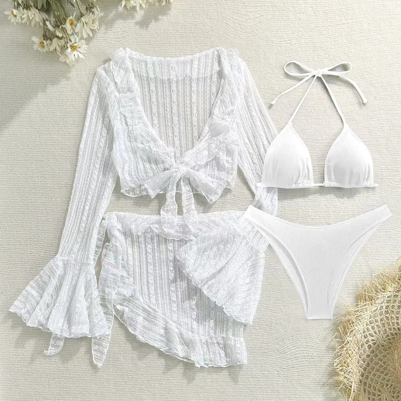 Tina | Koronkowy Komplet Bikini 4w1 z Narzutką i Pareo