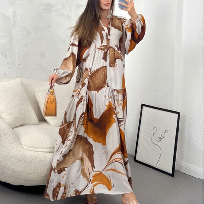 Kornelia – sukienka maxi z artystycznym nadrukiem i bufiaste rękawy