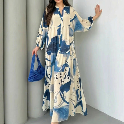 Kornelia – sukienka maxi z artystycznym nadrukiem i bufiaste rękawy