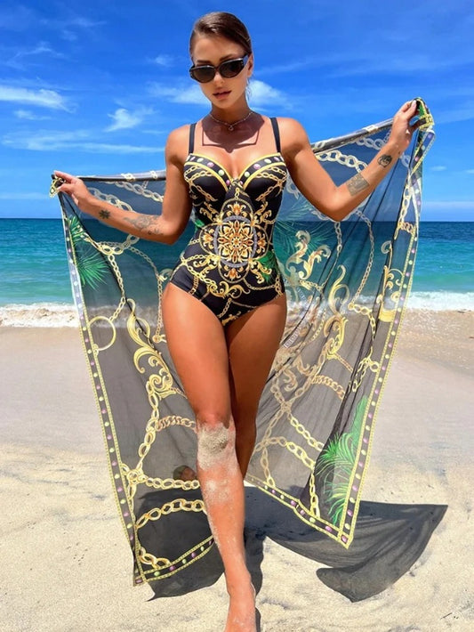 Marika – jednoczęściowy strój kąpielowy push-up z narzutką plażową